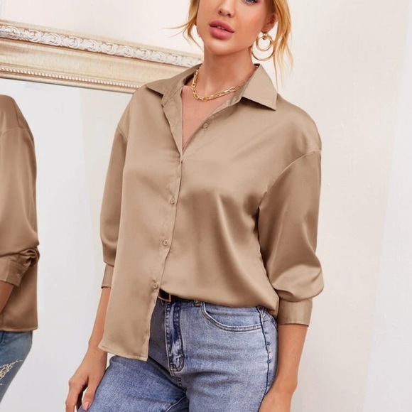 Satin silky button up blouse oversized dusty pink - Picture 6 of 7